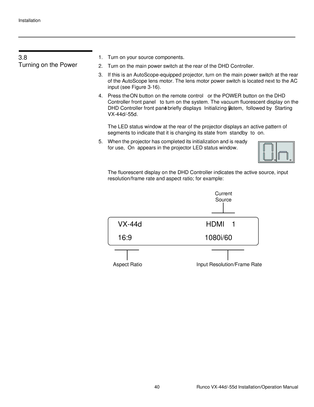 Runco VX-44D, VX-55D operation manual Hdmi, Turning on the Power 