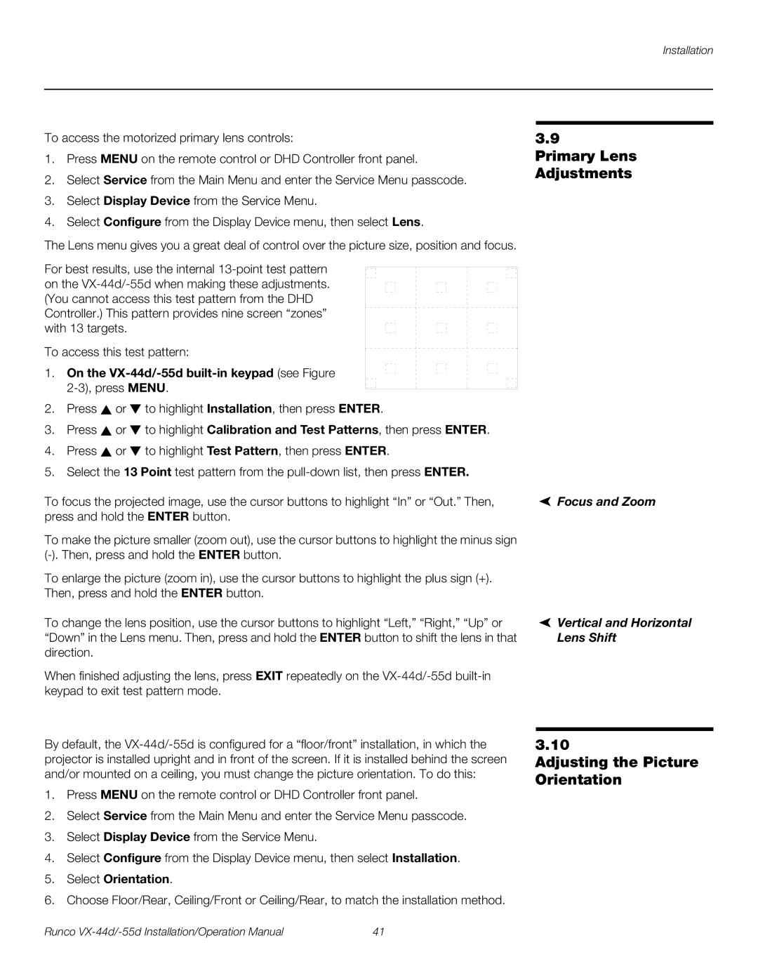 Runco VX-55D, VX-44D operation manual Primary Lens Adjustments, Adjusting the Picture Orientation, Select Orientation 