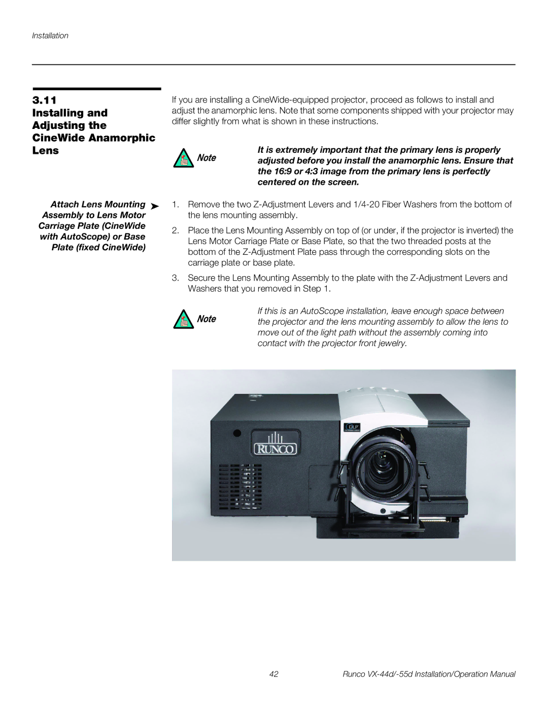 Runco VX-44D Installing and Adjusting the CineWide Anamorphic Lens, Assembly to Lens Motor, Carriage Plate CineWide 