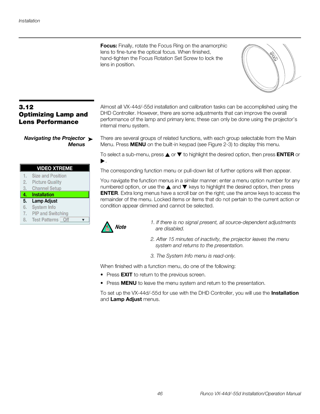 Runco VX-44D Optimizing Lamp and Lens Performance, Navigating the Projector Menus, Installation Lamp Adjust, Are disabled 