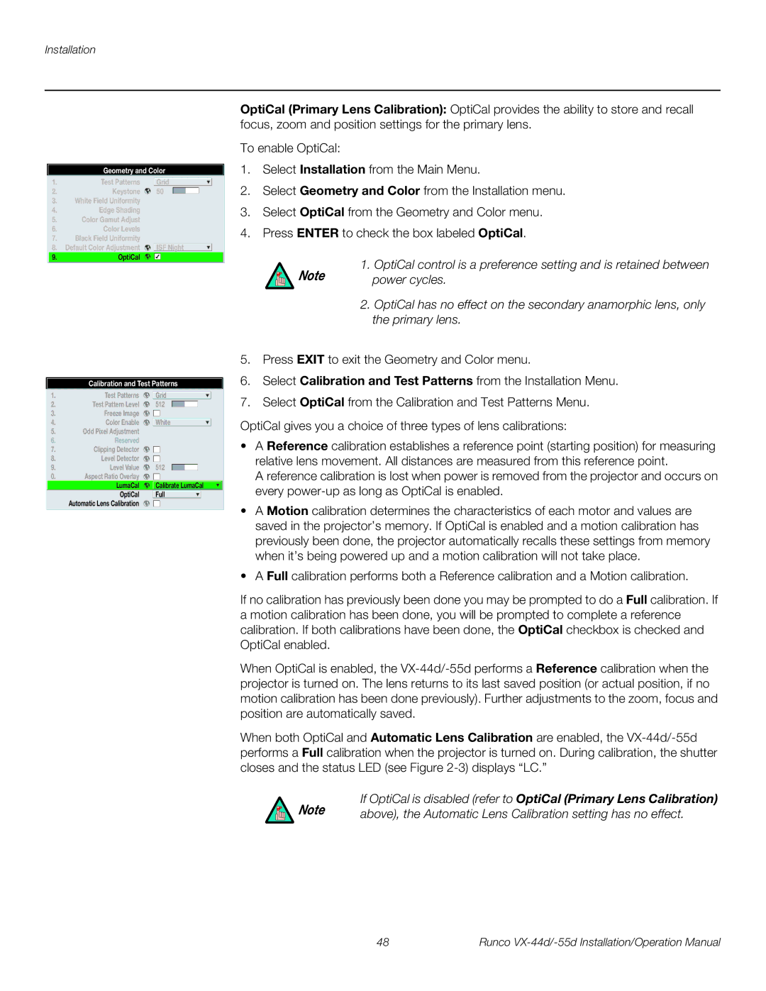 Runco VX-44D, VX-55D operation manual Power cycles, Above, the Automatic Lens Calibration setting has no effect 