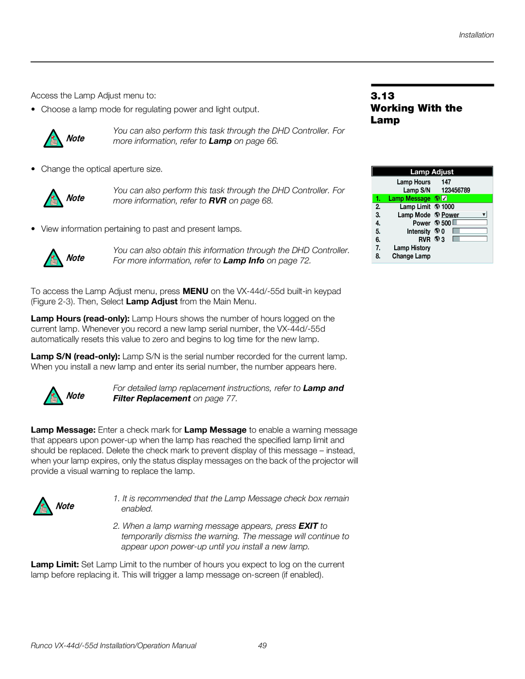 Runco VX-55D, VX-44D Working With the Lamp, More information, refer to Lamp on, More information, refer to RVR on 