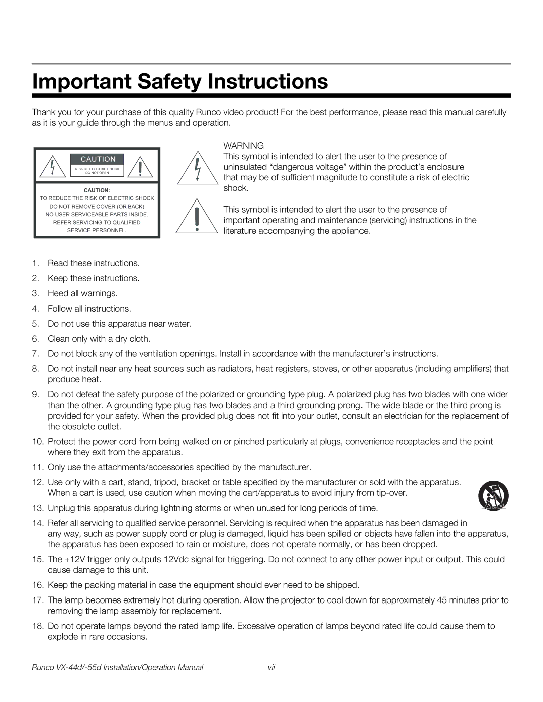 Runco VX-55D, VX-44D operation manual Important Safety Instructions 