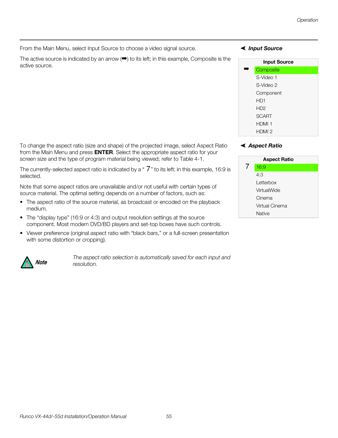 Runco VX-55D, VX-44D operation manual Input Source, Aspect Ratio 