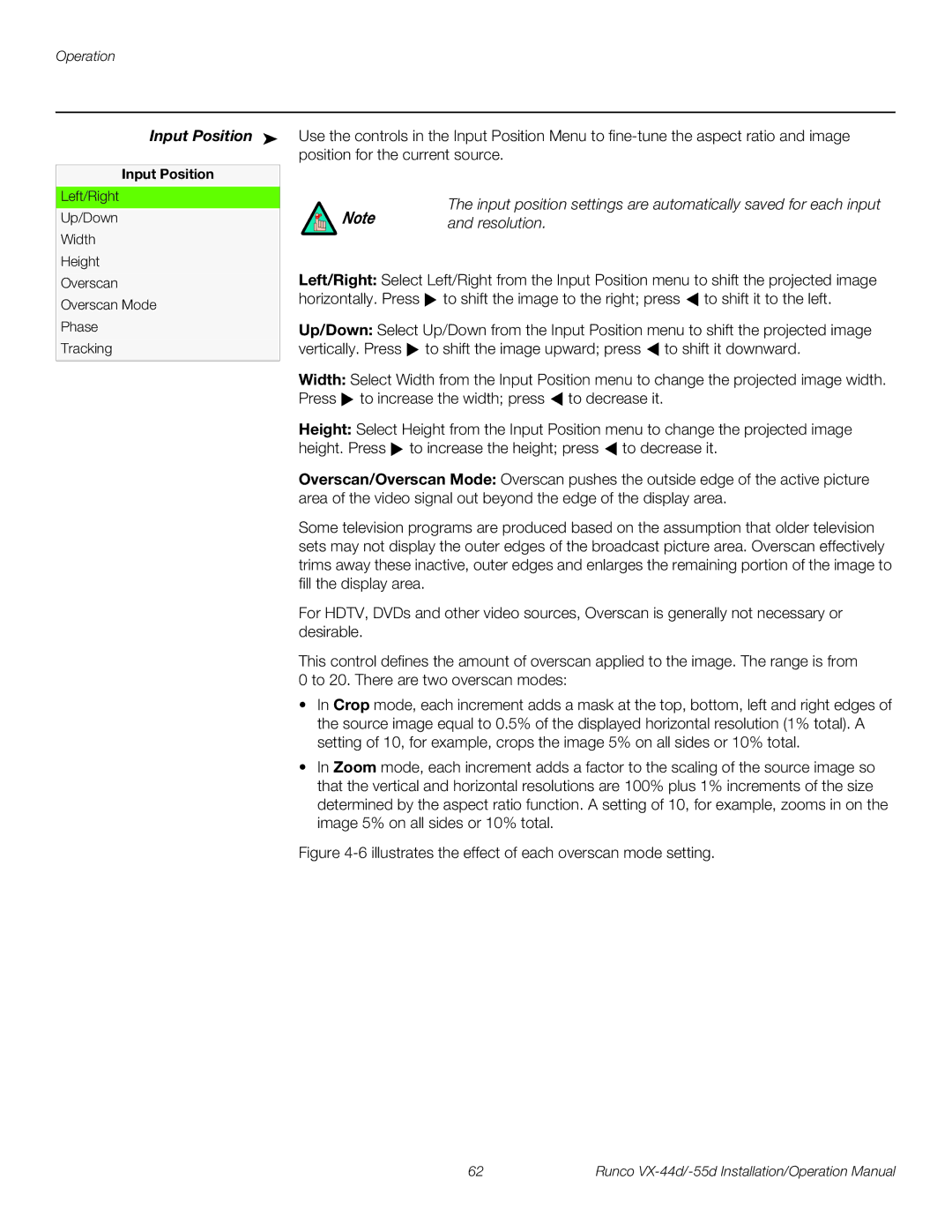 Runco VX-44D, VX-55D operation manual Input Position, Resolution 