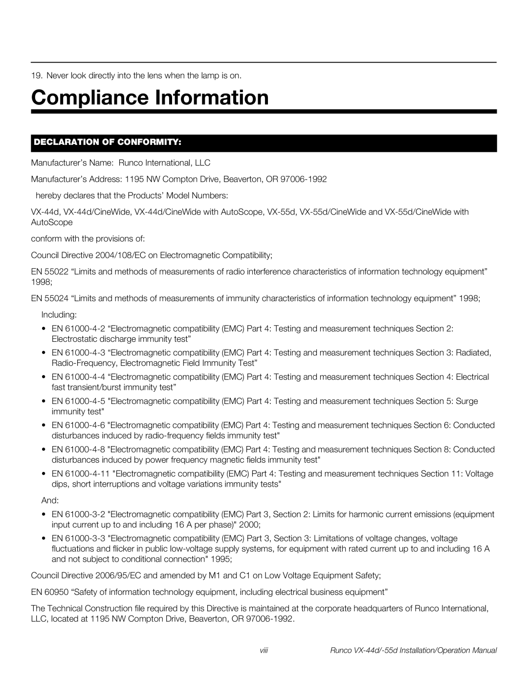 Runco VX-44D, VX-55D operation manual Compliance Information, Declaration of Conformity 