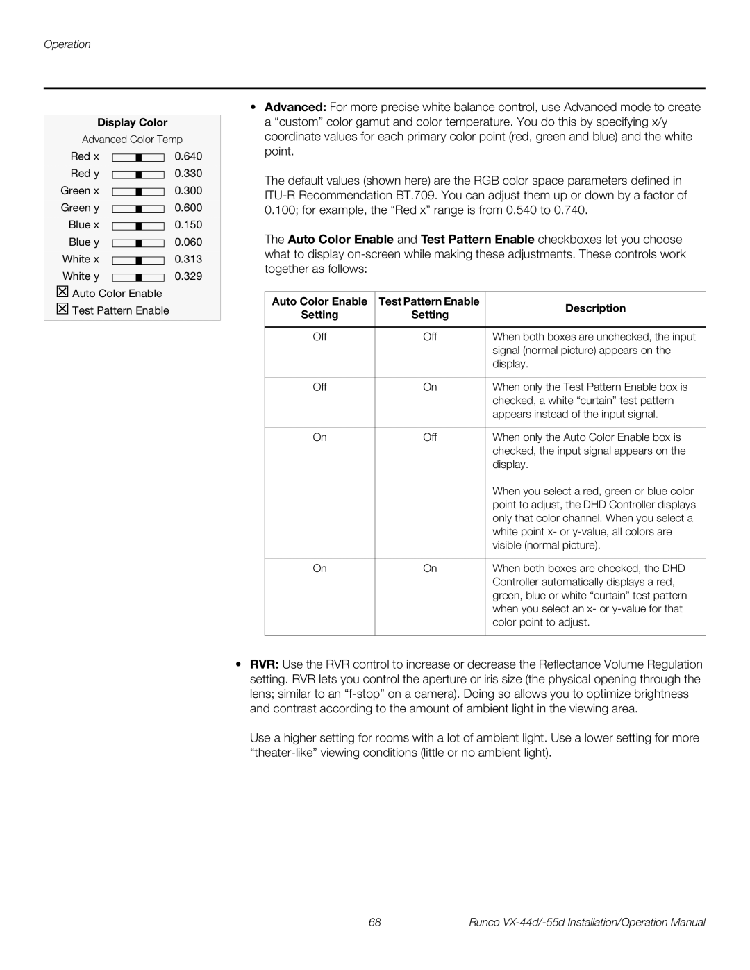 Runco VX-44D, VX-55D operation manual Display Color, Auto Color Enable Test Pattern Enable Description Setting 