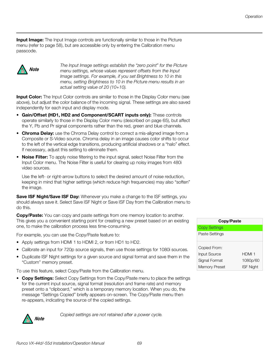 Runco VX-55D, VX-44D operation manual Copied settings are not retained after a power cycle, Copy/Paste 