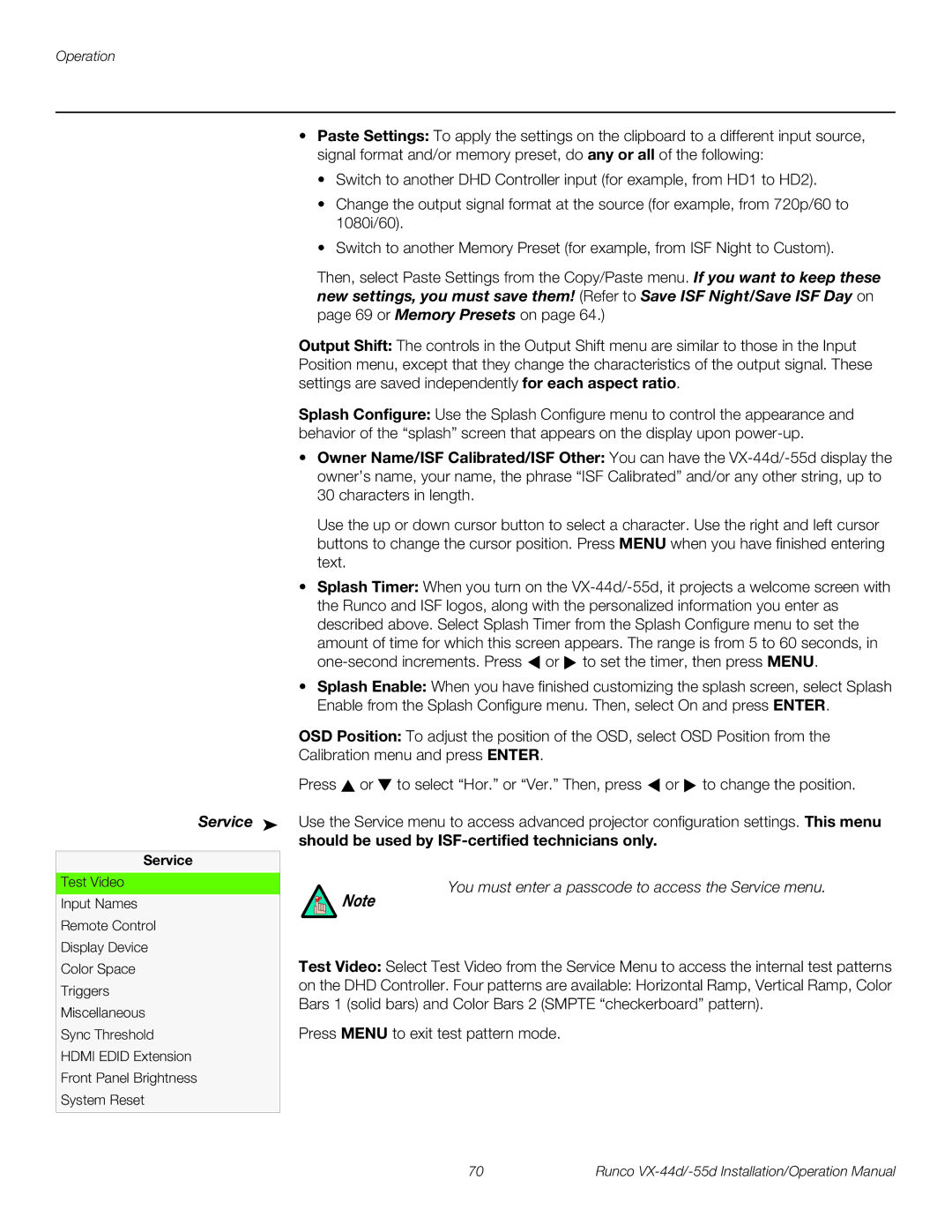 Runco VX-44D, VX-55D operation manual Service, Should be used by ISF-certified technicians only 