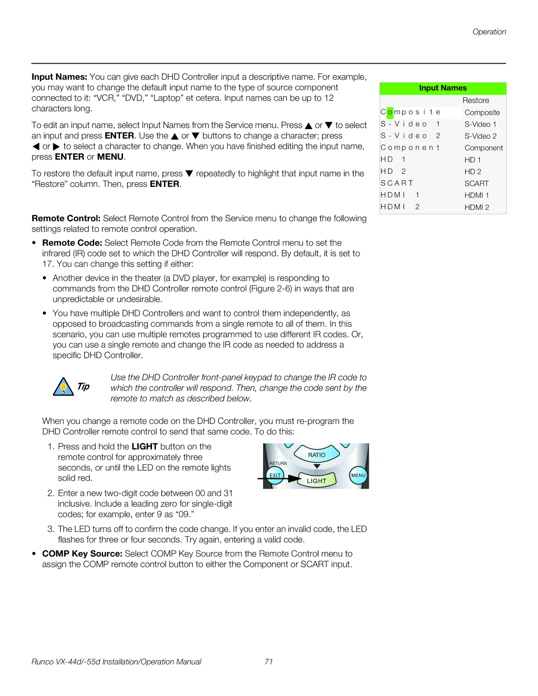 Runco VX-55D, VX-44D operation manual Input Names 