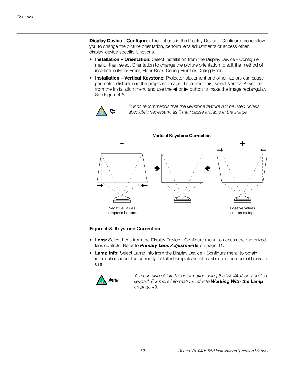 Runco VX-44D, VX-55D operation manual Absolutely necessary, as it may cause artifacts in the image 