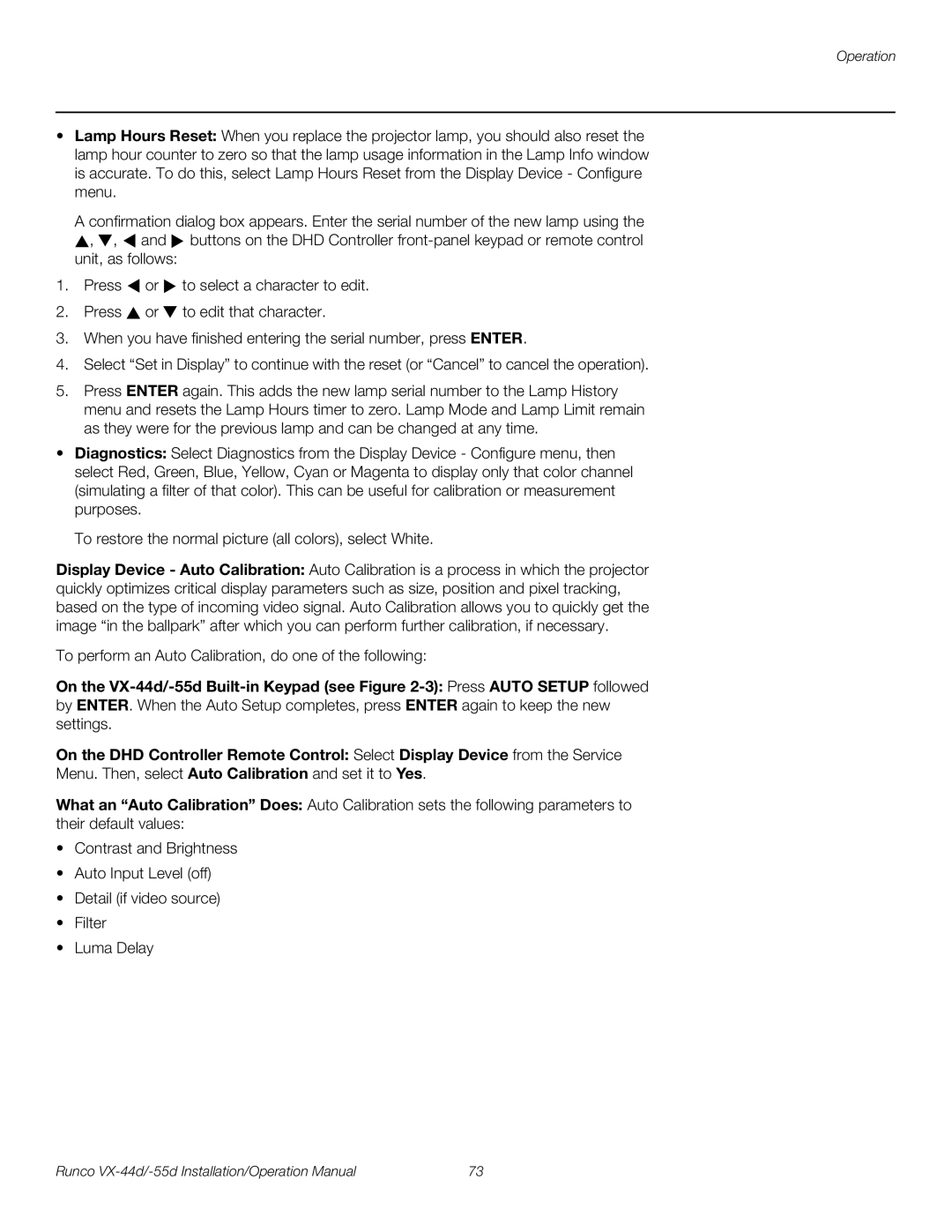 Runco VX-55D, VX-44D operation manual Operation 