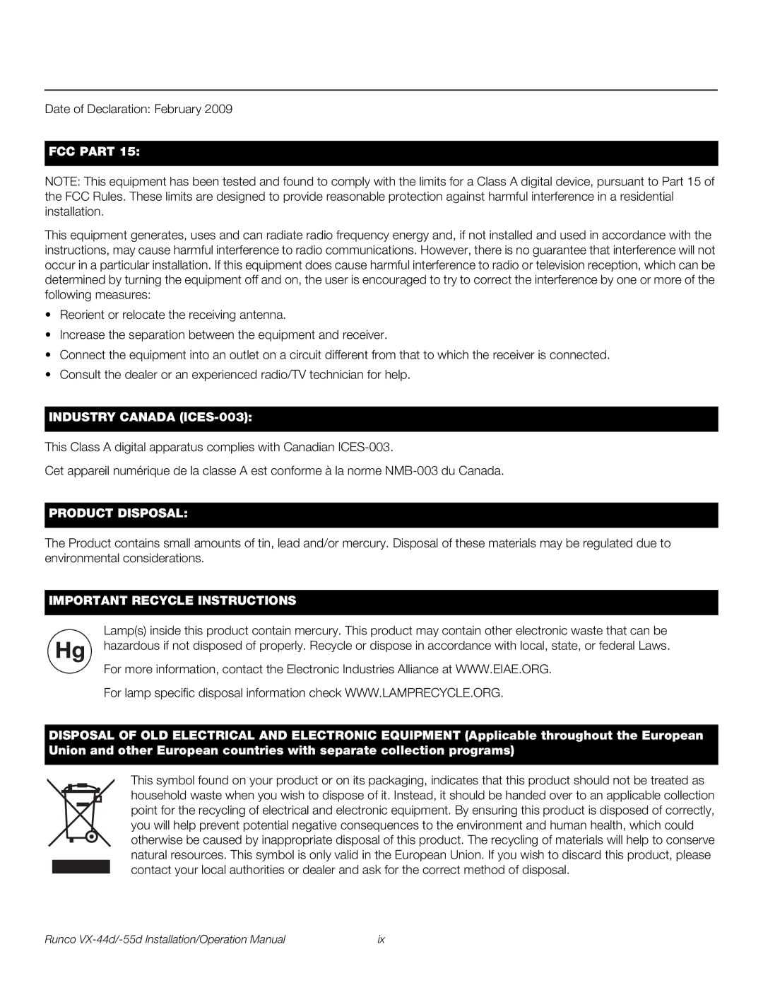 Runco VX-55D, VX-44D operation manual FCC Part 