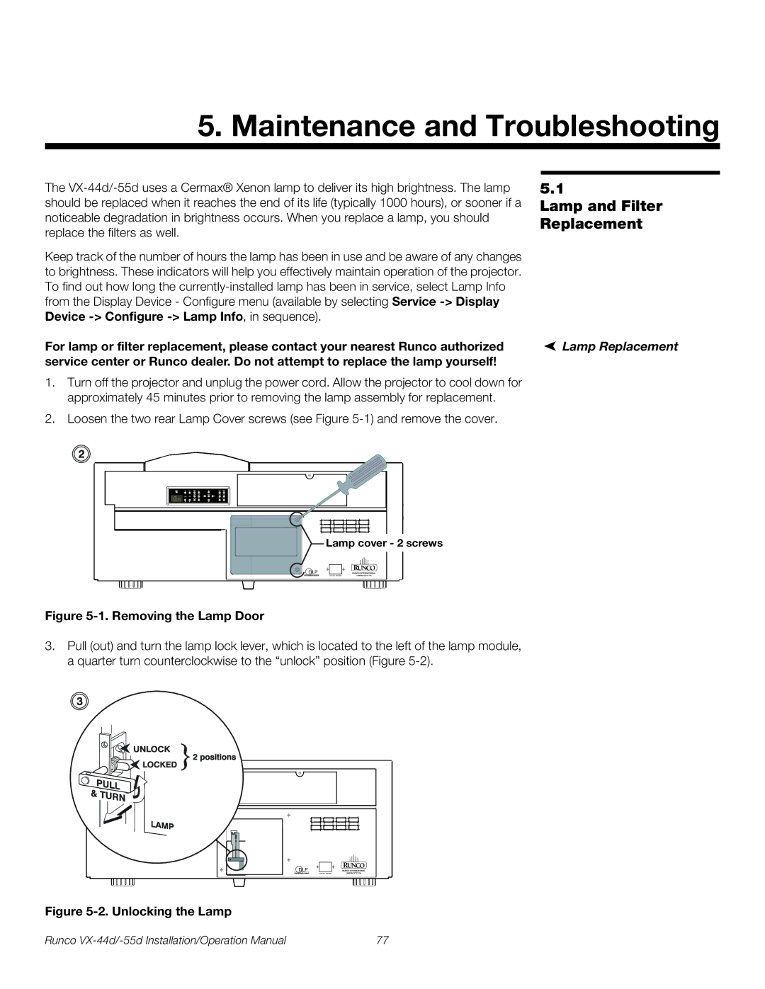 Runco VX-55D, VX-44D operation manual Maintenance and Troubleshooting, Lamp and Filter Replacement, Lamp Replacement 