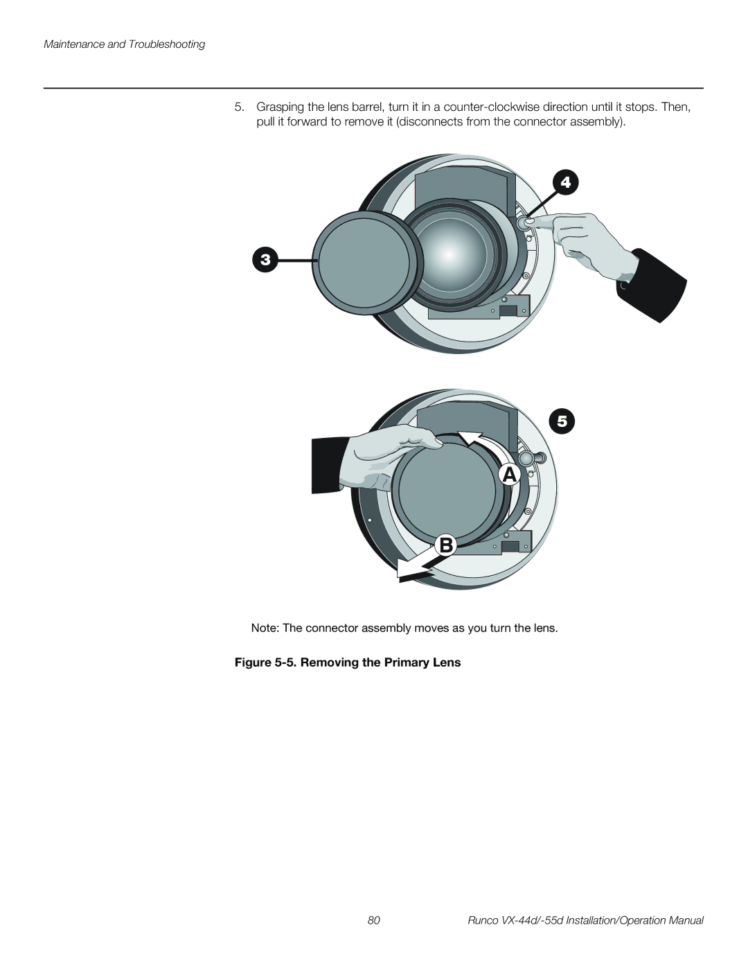 Runco VX-44D, VX-55D operation manual Removing the Primary Lens 