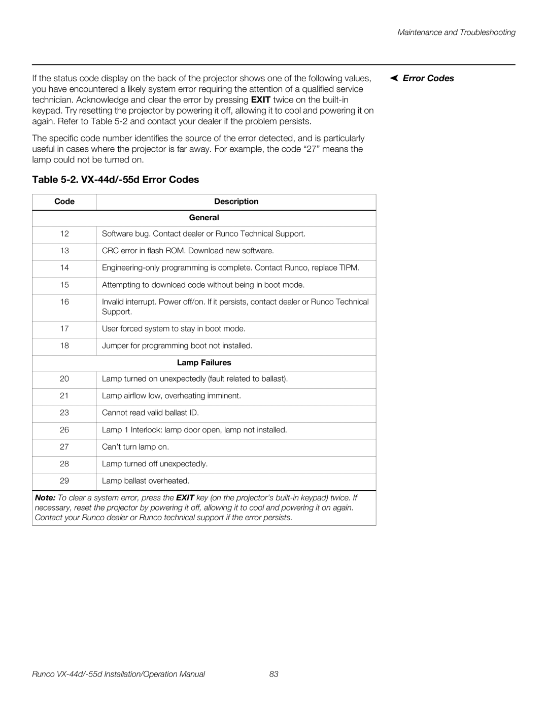 Runco VX-55D, VX-44D operation manual VX-44d/-55d Error Codes, Code Description General, Lamp Failures 