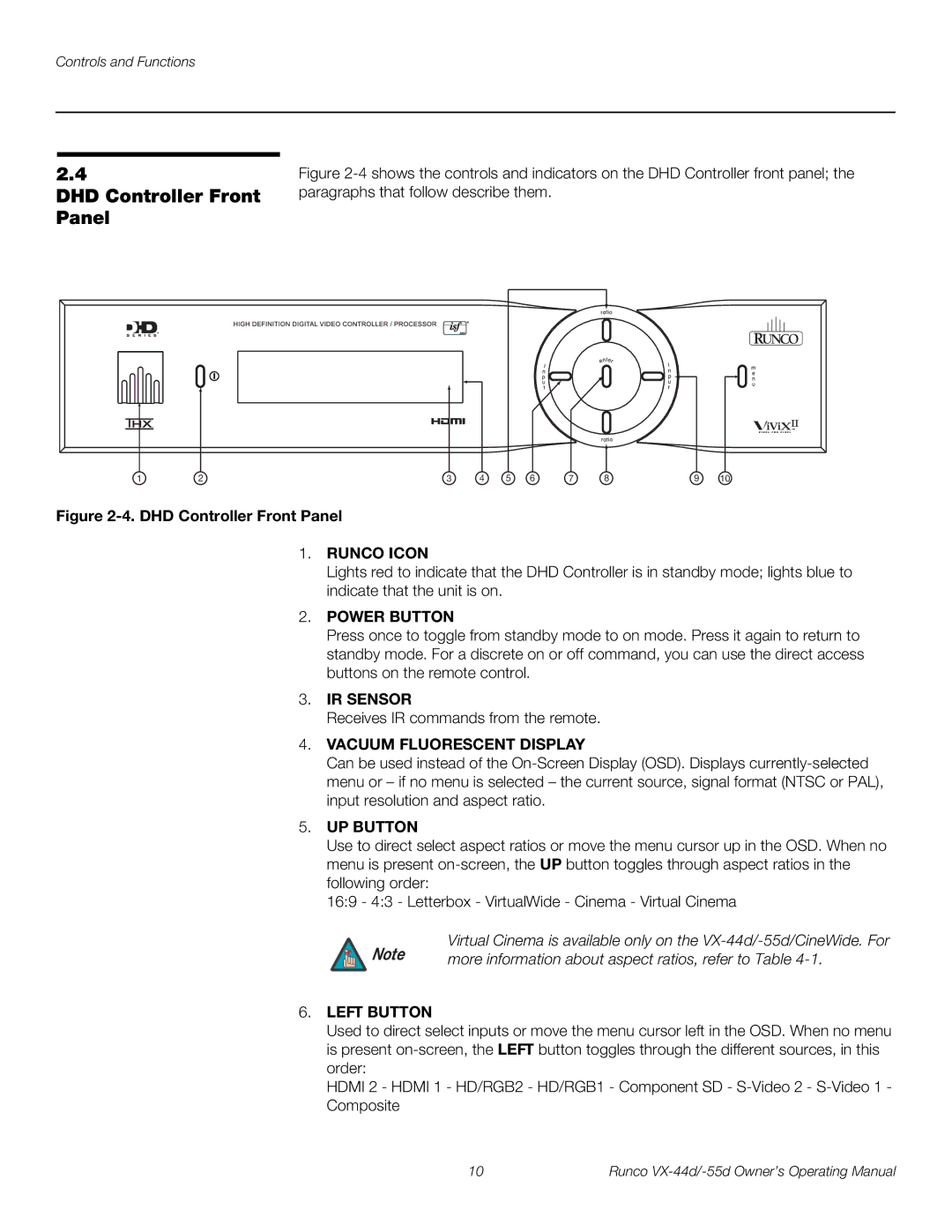 Runco VX-44D, VX-55D manual DHD Controller Front Panel, Runco Icon, IR Sensor, Vacuum Fluorescent Display 