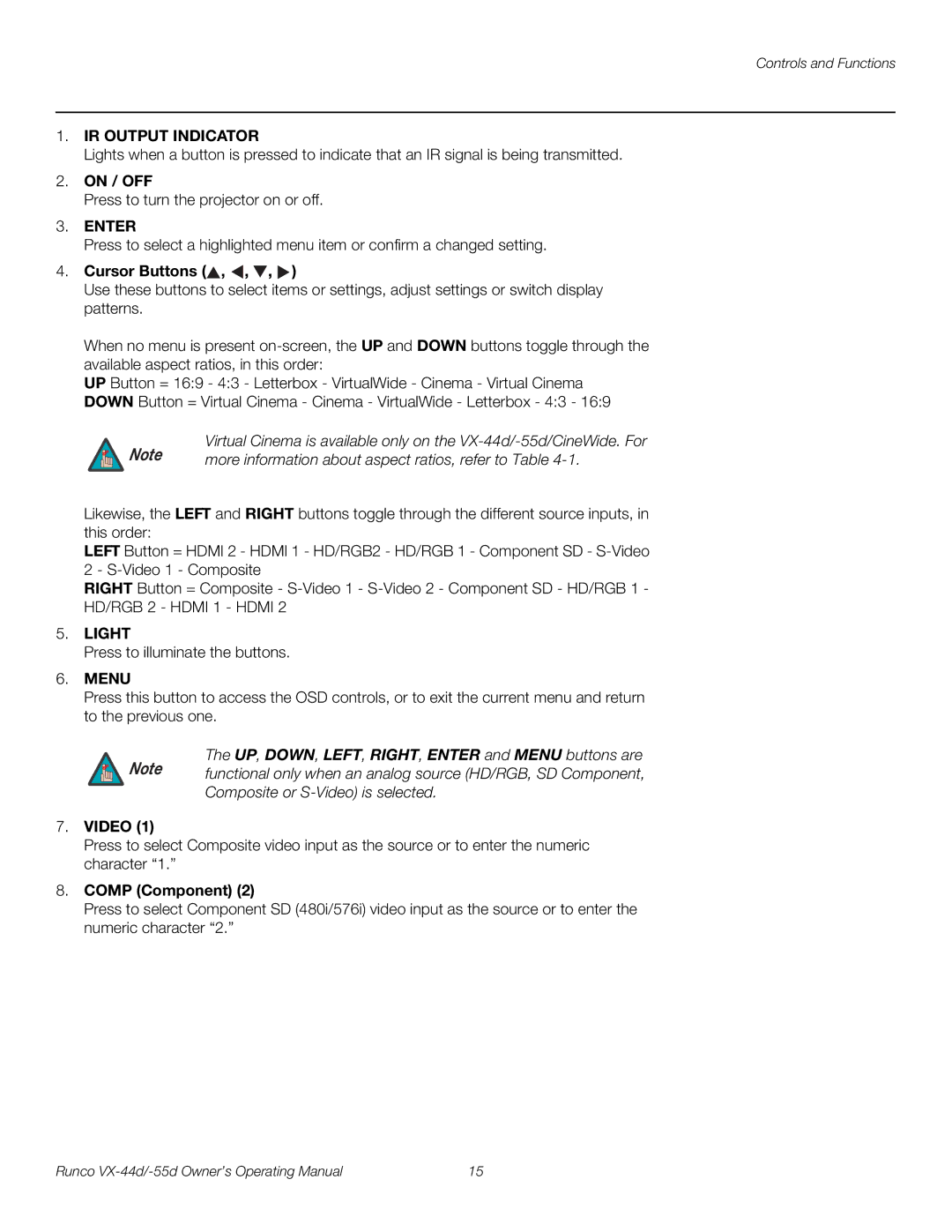 Runco VX-55D, VX-44D manual IR Output Indicator, Enter, Light 