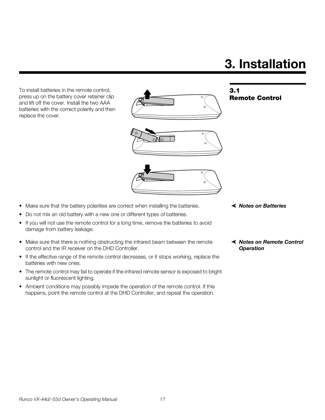 Runco VX-55D, VX-44D manual Installation, Remote Control 