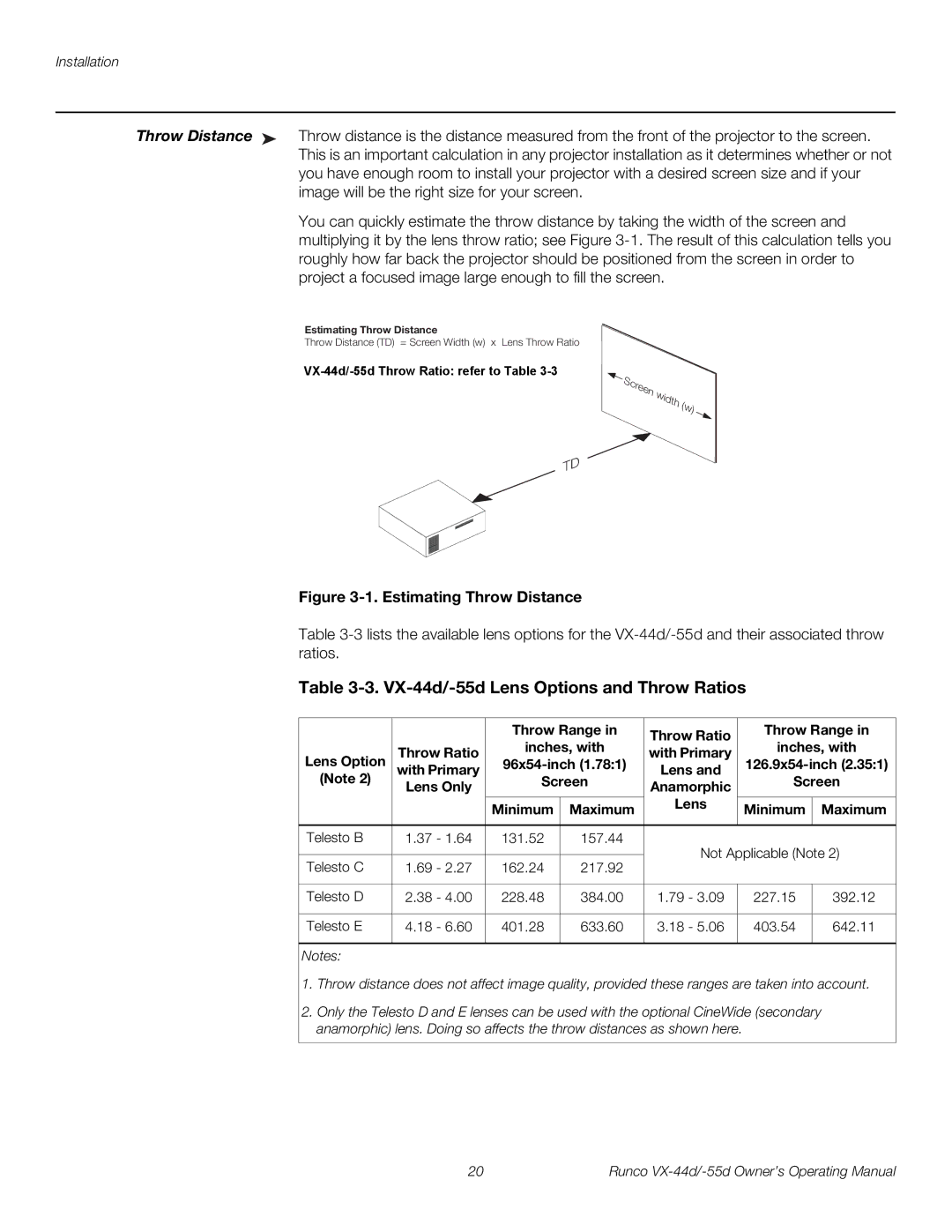 Runco VX-44D, VX-55D manual VX-44d/-55d Lens Options and Throw Ratios 