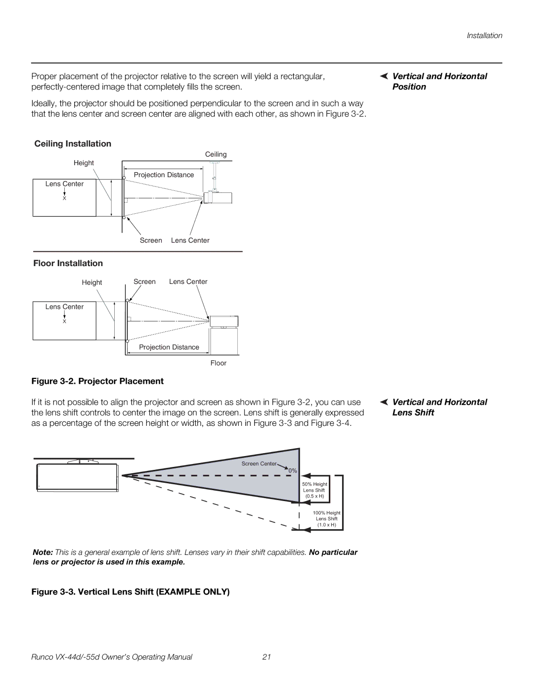 Runco VX-55D, VX-44D manual Vertical and Horizontal, Position, Ceiling Installation, Floor Installation, Lens Shift 