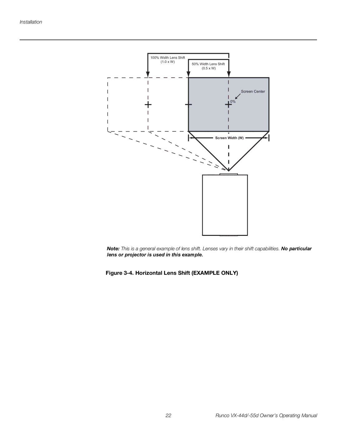 Runco VX-44D, VX-55D manual Horizontal Lens Shift Example only 