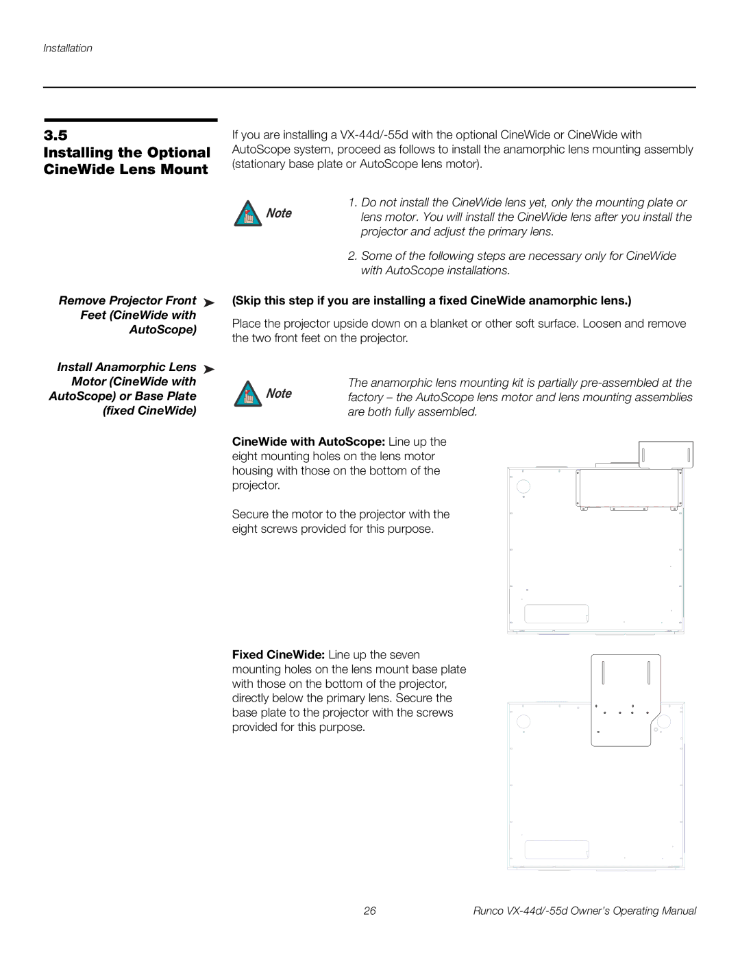 Runco VX-44D Installing the Optional CineWide Lens Mount, AutoScope or Base Plate, Fixed CineWide Are both fully assembled 