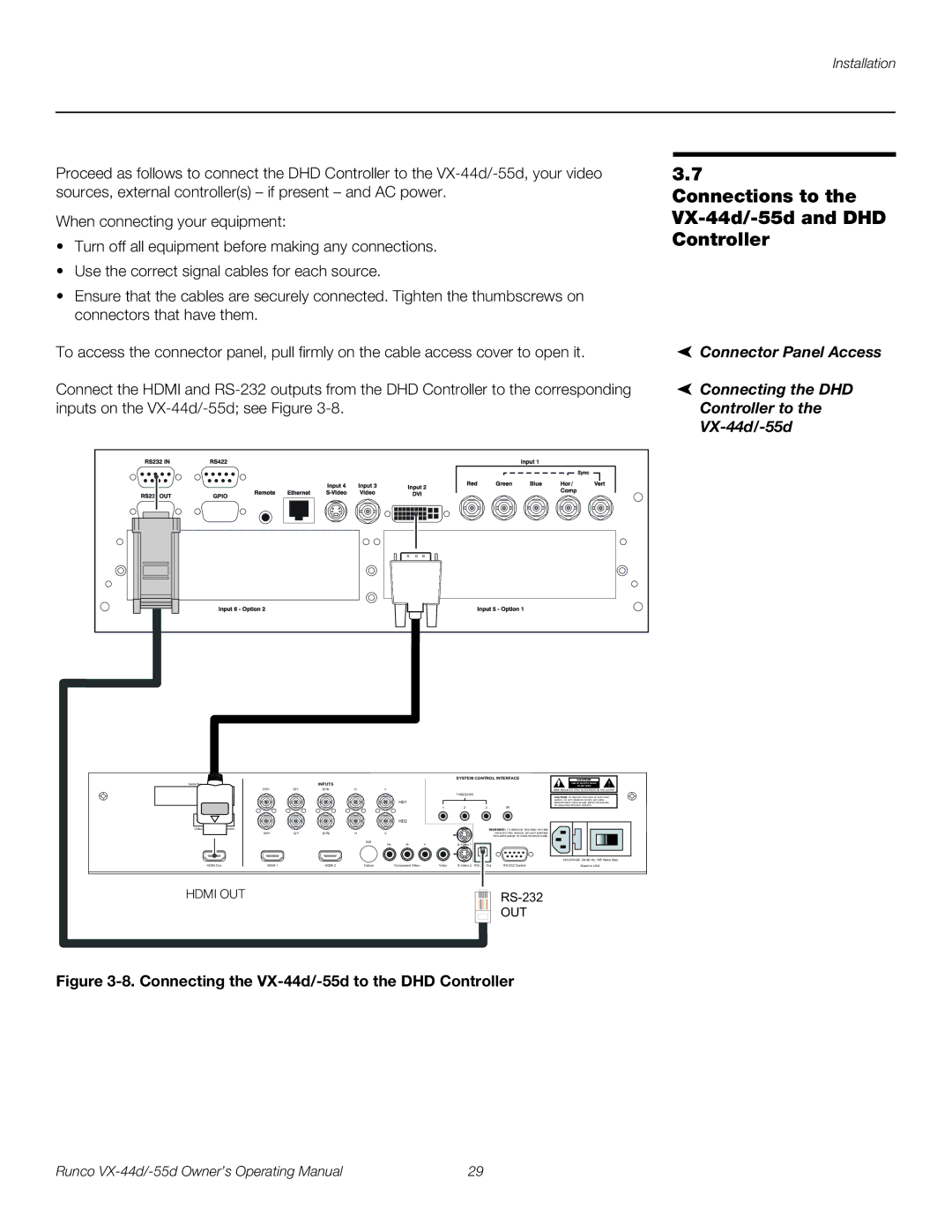 Runco VX-55D, VX-44D manual Connections to VX-44d/-55d and DHD Controller, Connecting the VX-44d/-55d to the DHD Controller 