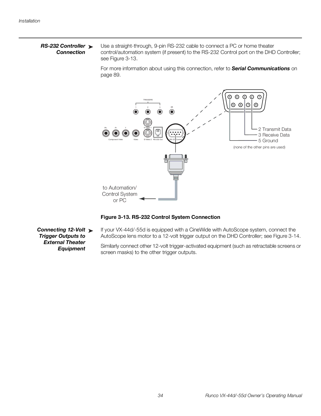 Runco VX-44D, VX-55D RS-232 Controller, Connection, Connecting 12-Volt, Trigger Outputs to, External Theater, Equipment 