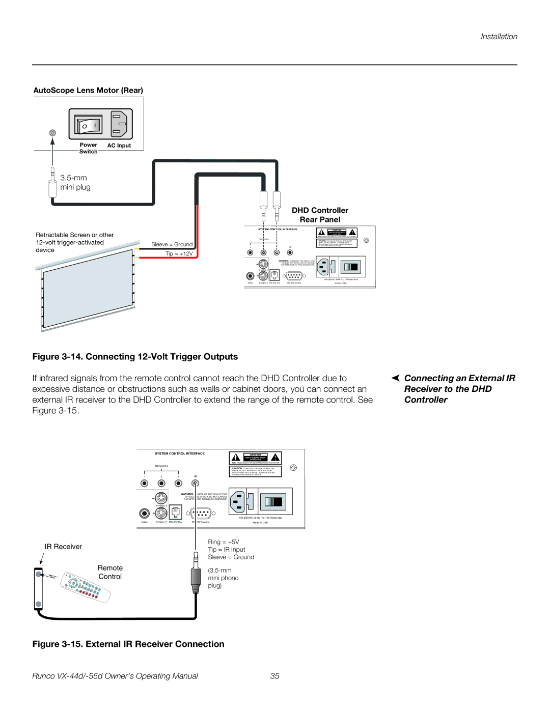 Runco VX-55D, VX-44D manual Connecting 12-Volt Trigger Outputs, Connecting an External IR Receiver to the DHD Controller 