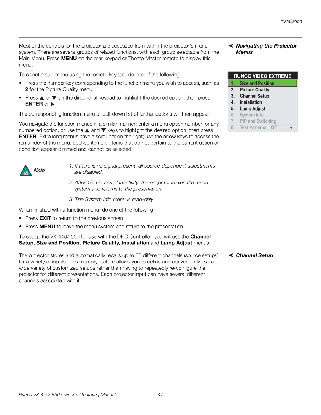 Runco VX-55D, VX-44D manual Navigating the Projector Menus, Are disabled, Channel Setup 