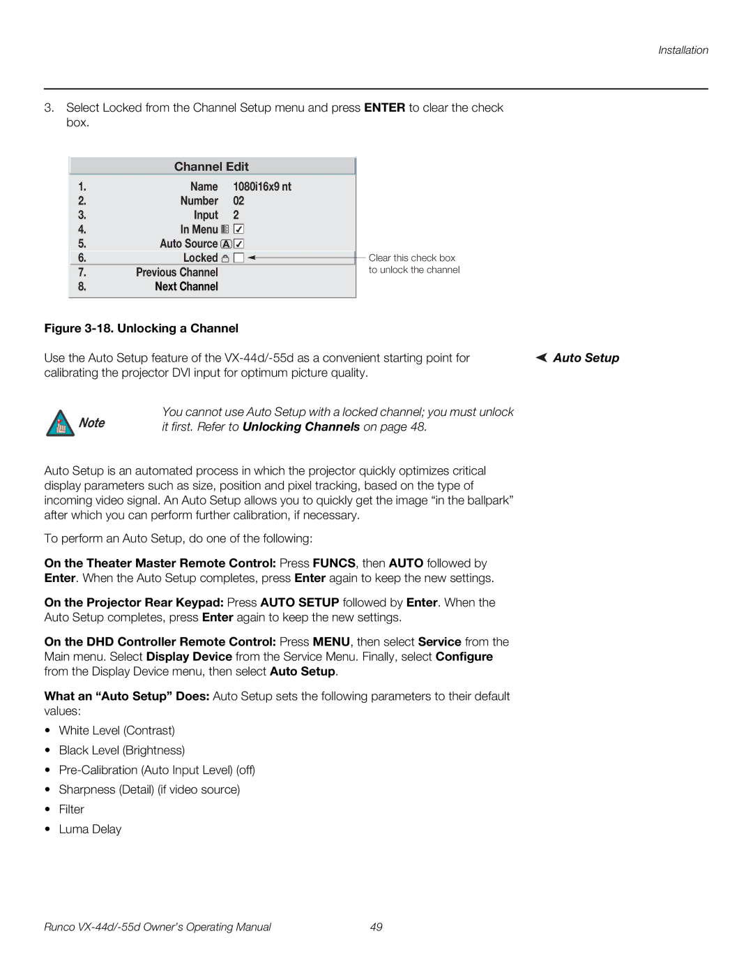 Runco VX-55D, VX-44D manual Channel Edit Name, Auto Setup 