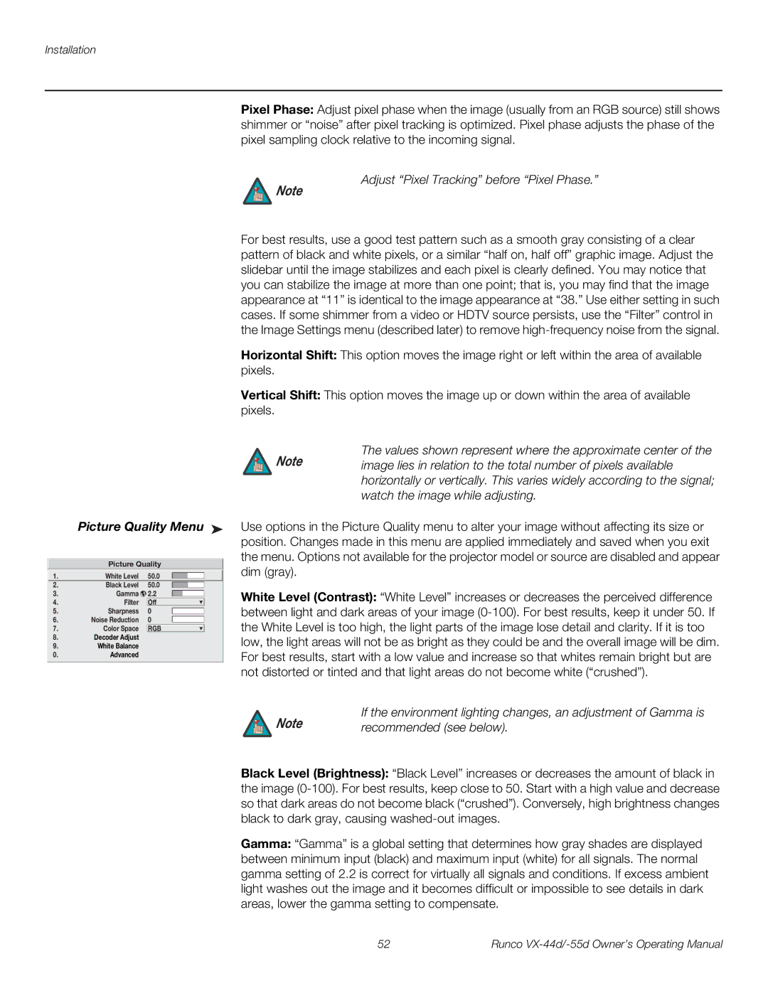 Runco VX-44D, VX-55D manual Picture Quality Menu, Adjust Pixel Tracking before Pixel Phase, Recommended see below 