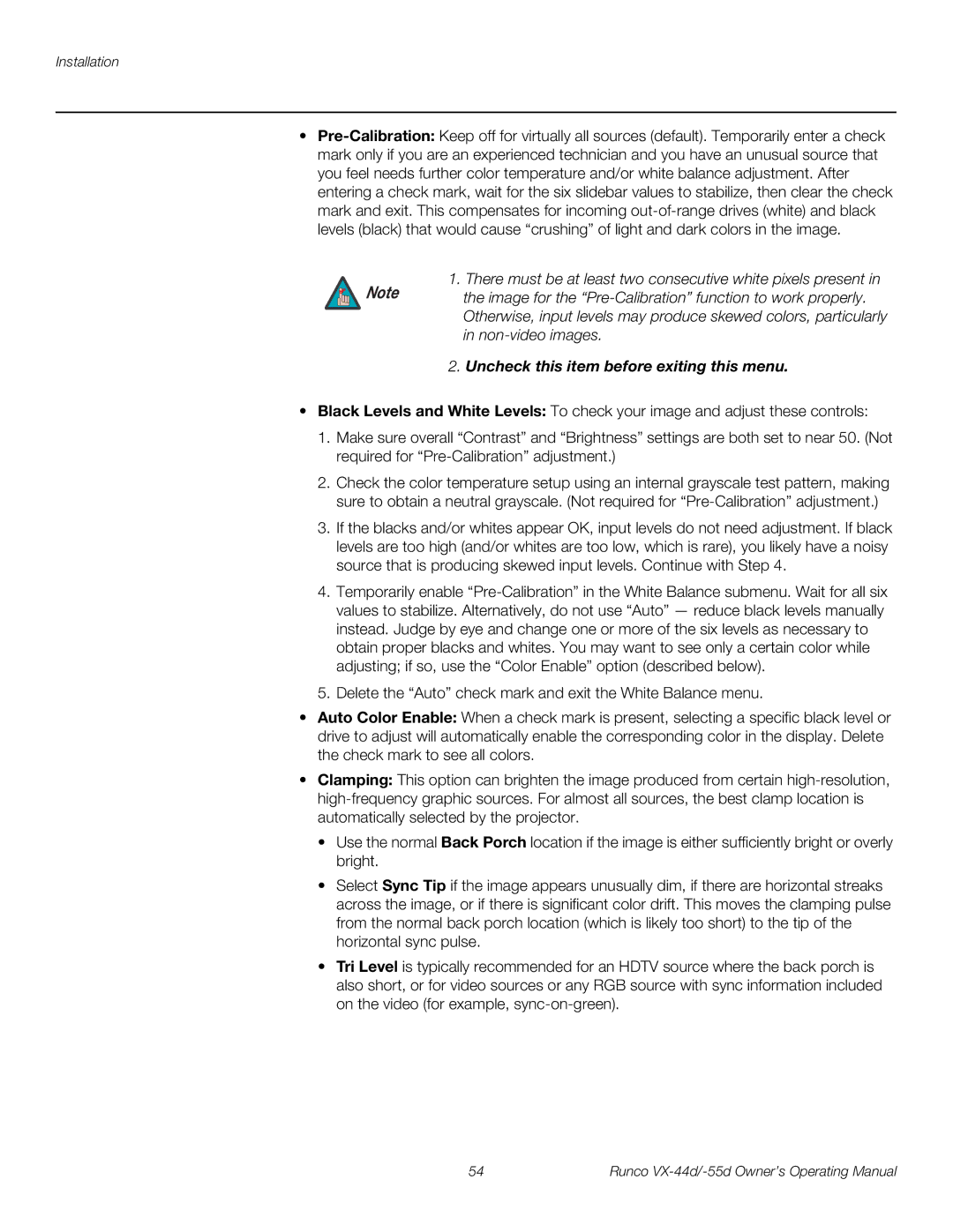 Runco VX-44D manual There must be at least two consecutive white pixels present, Uncheck this item before exiting this menu 