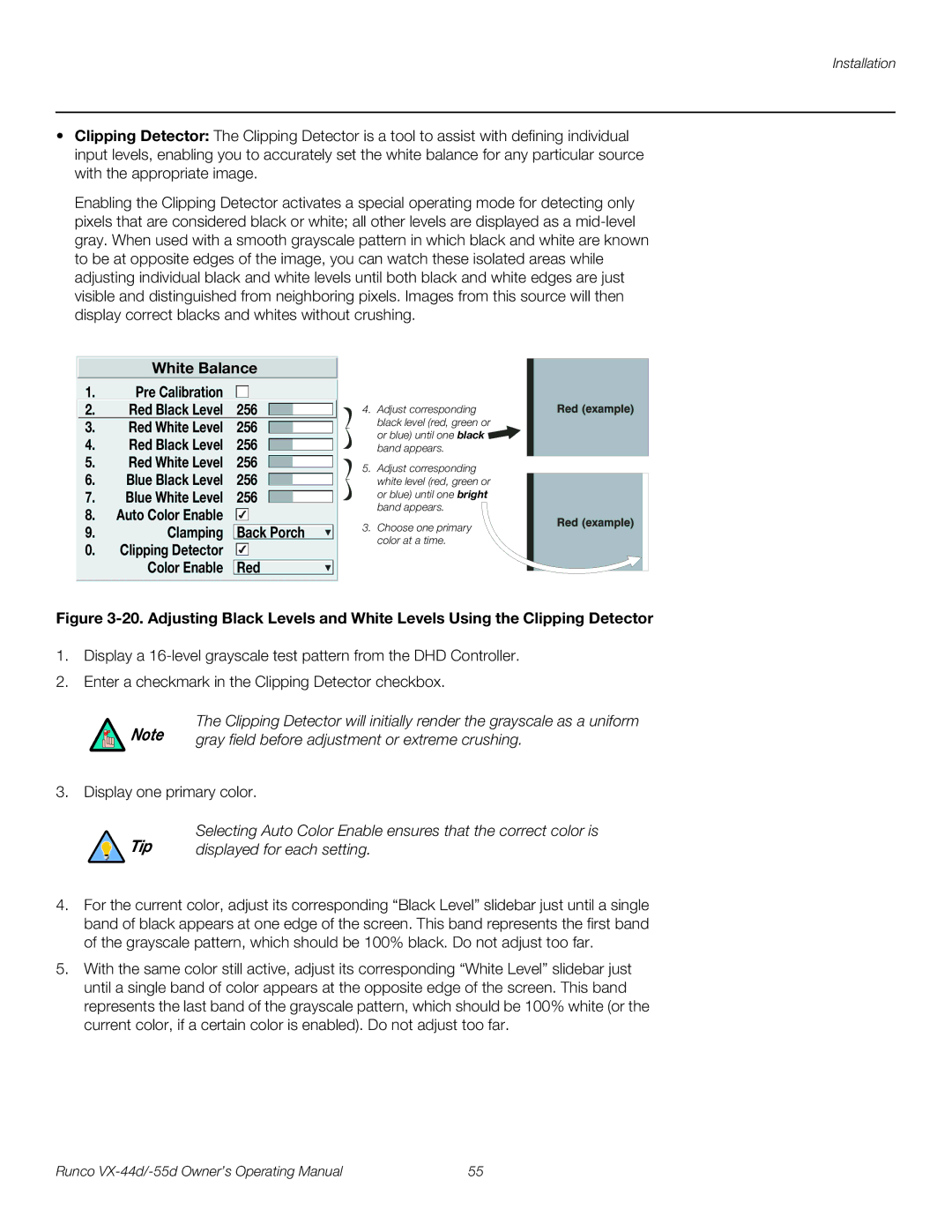 Runco VX-55D, VX-44D White Balance Pre Calibration, 256, Auto Color Enable, Back Porch, Clipping Detector Color Enable Red 