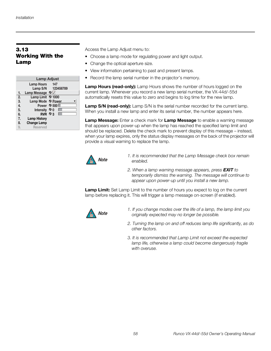 Runco VX-44D, VX-55D manual Working With the Lamp, Originally expected may no longer be possible 