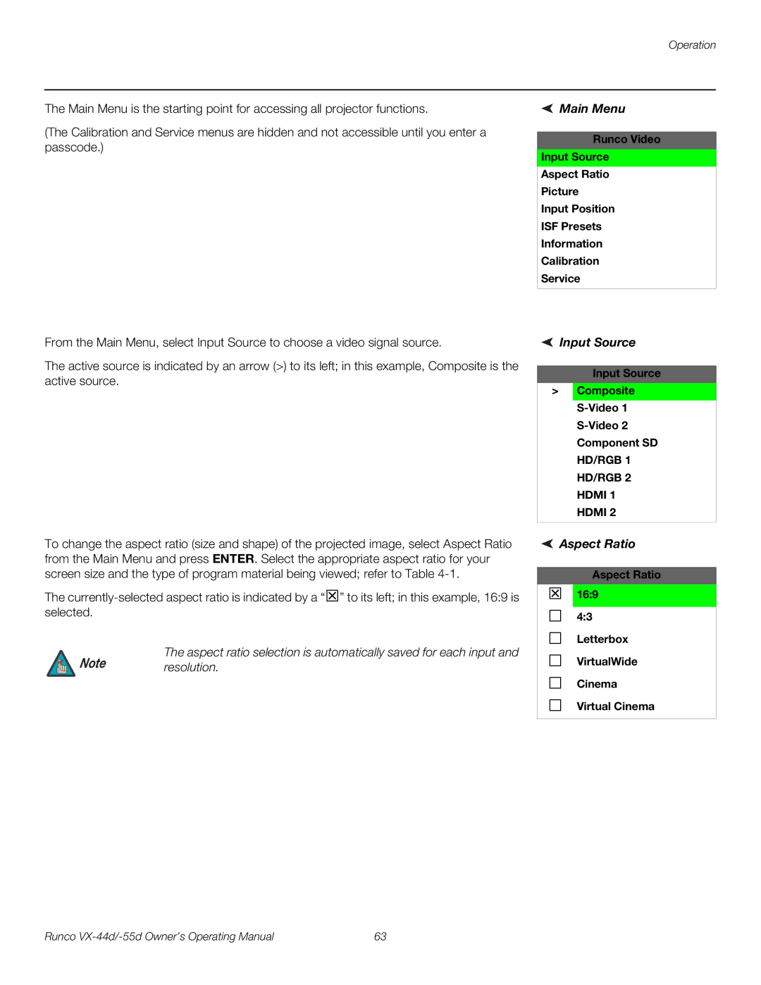 Runco VX-55D, VX-44D manual Main Menu, Input Source, Aspect Ratio 