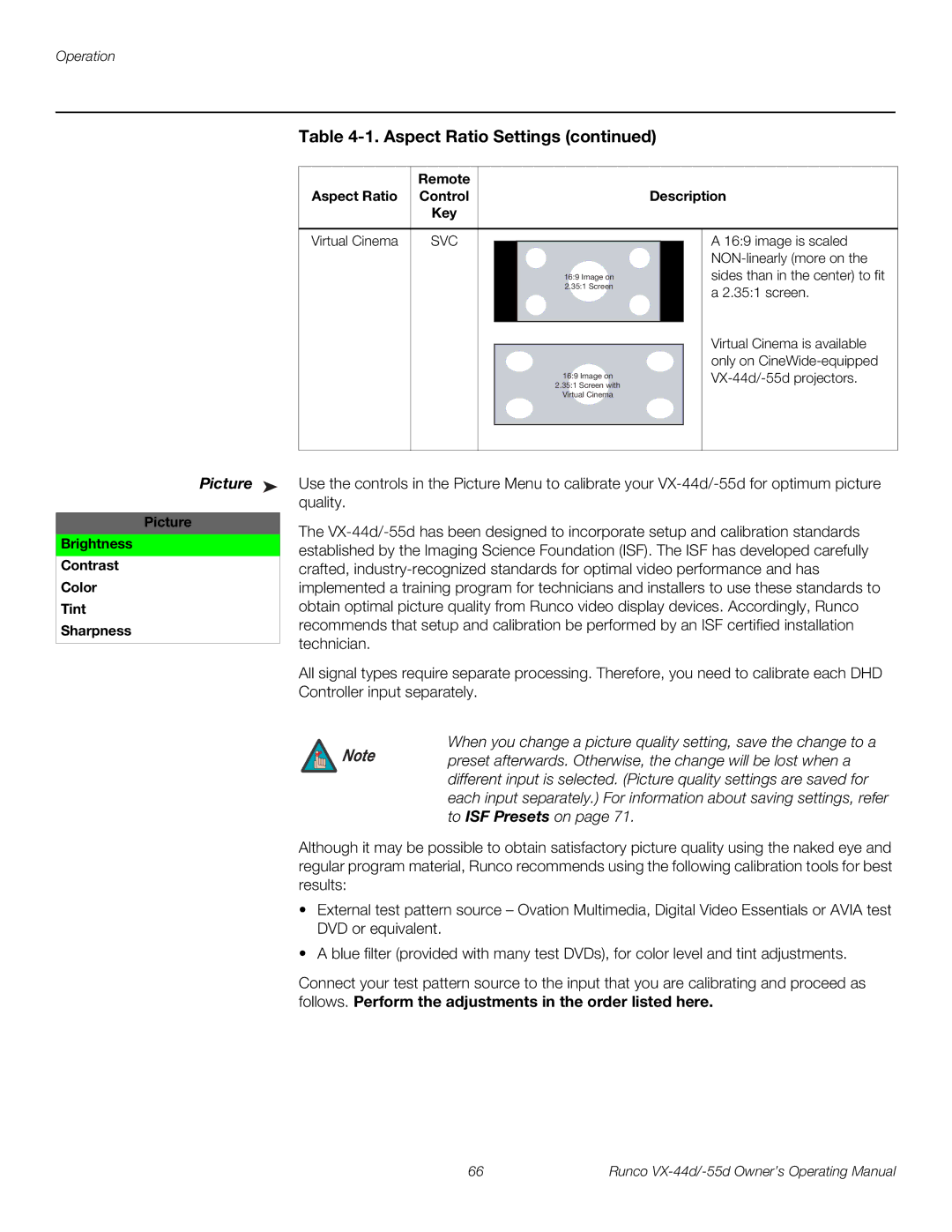 Runco VX-44D, VX-55D manual Picture Brightness Contrast Color Tint Sharpness 