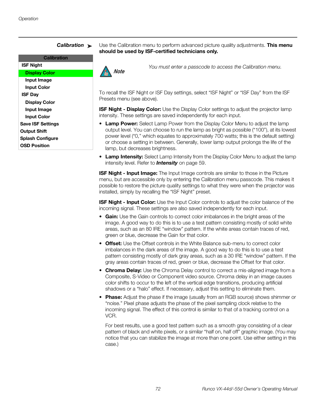 Runco VX-44D, VX-55D manual Calibration, Should be used by ISF-certified technicians only 
