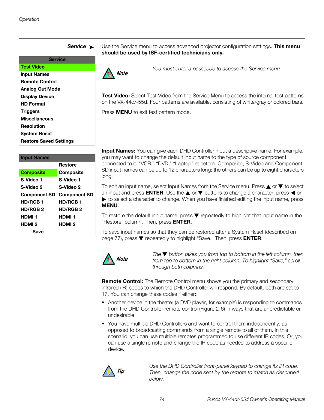 Runco VX-44D You must enter a passcode to access the Service menu, Input Names Restore Composite Video Component SD 