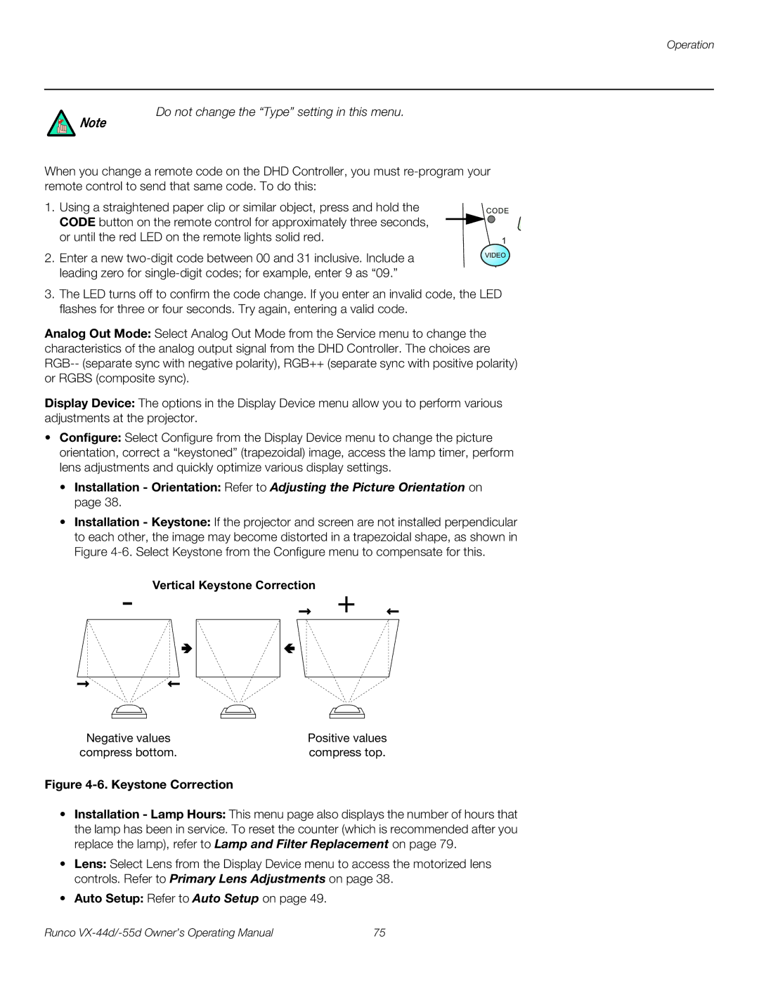 Runco VX-55D, VX-44D manual Do not change the Type setting in this menu, Vertical Keystone Correction 