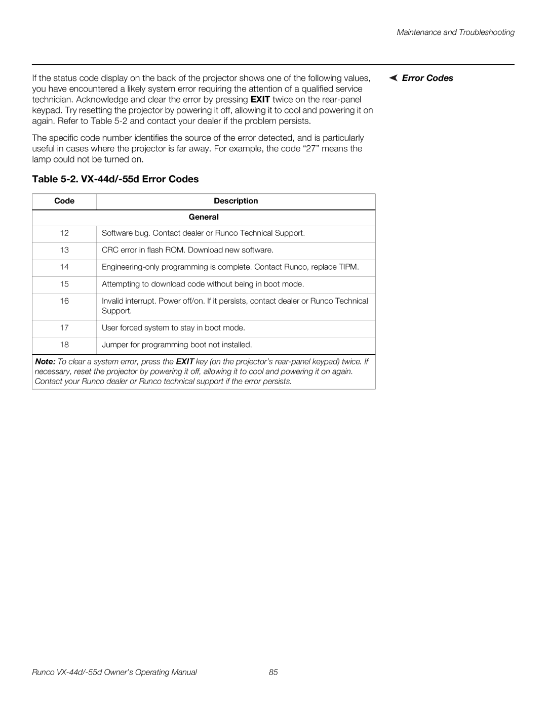 Runco VX-55D, VX-44D manual VX-44d/-55d Error Codes, Code Description General 