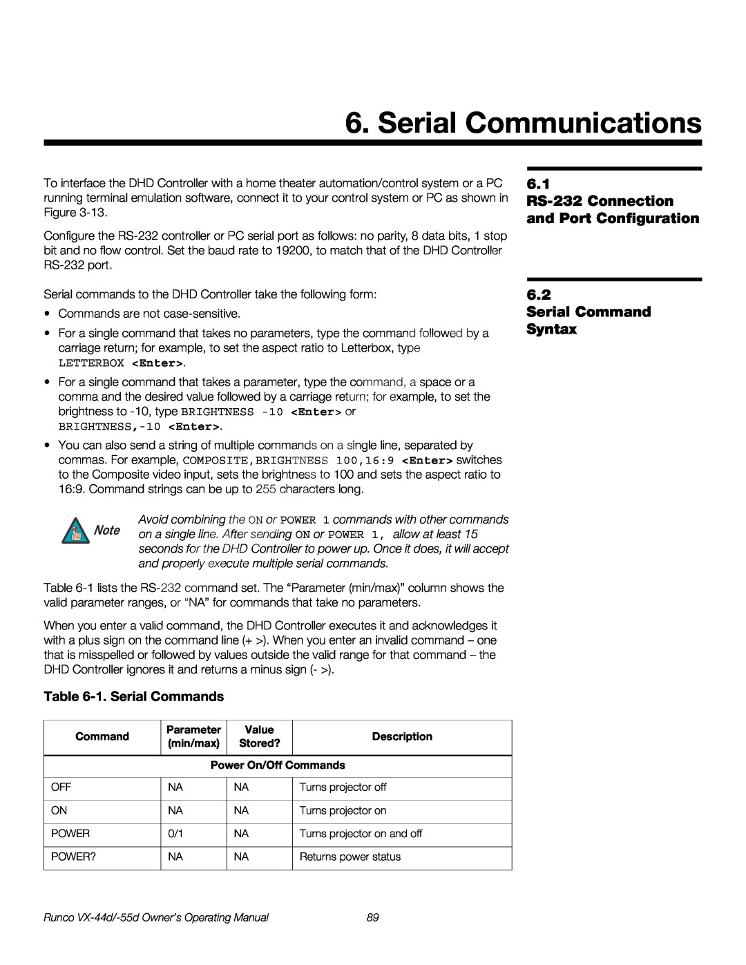 Runco VX-55D, VX-44D manual Serial Communications, 6.1 RS-232 Connection and Port Configuration, Serial Command Syntax 