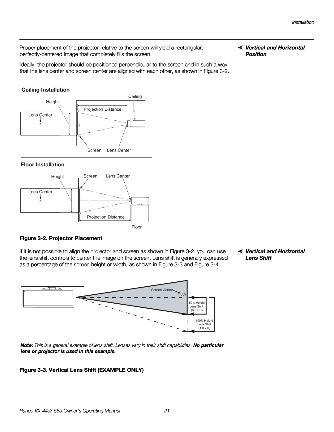 Runco VX-55D, VX-44D Ceiling Installation, Floor Installation, 2. Projector Placement, 3. Vertical Lens Shift EXAMPLE ONLY 