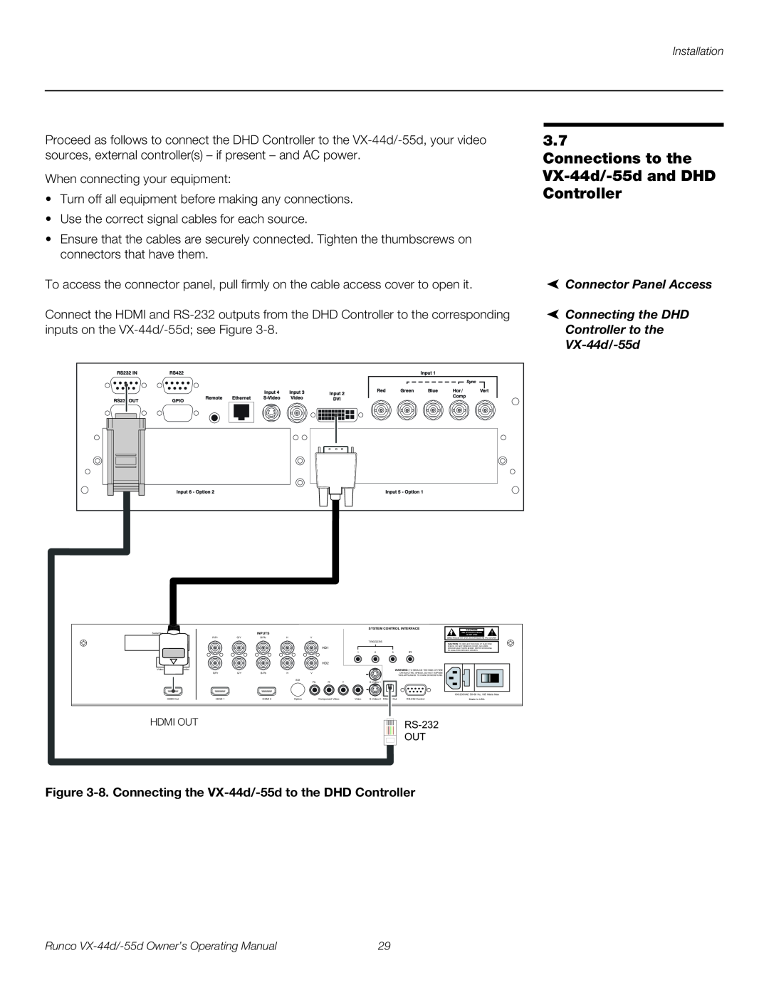Runco VX-55D manual Connections to the VX-44d/-55d and DHD Controller, 8. Connecting the VX-44d/-55d to the DHD Controller 