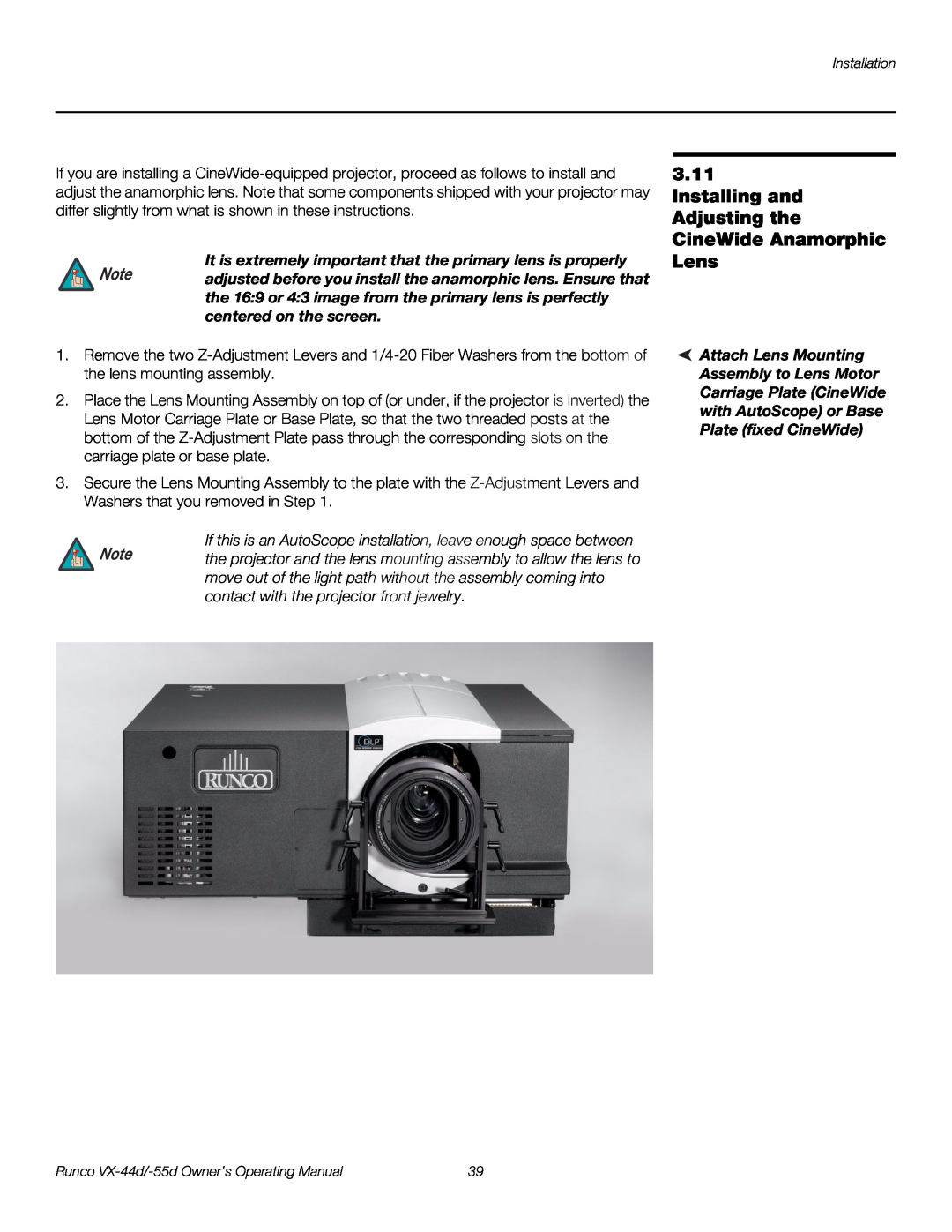 Runco VX-55D, VX-44D manual Installing and Adjusting the CineWide Anamorphic Lens 