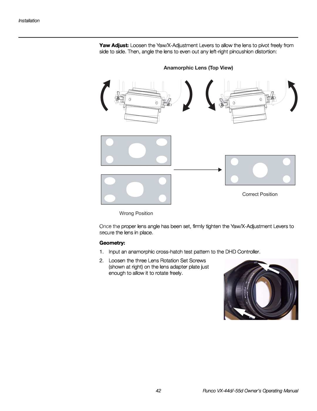 Runco VX-44D, VX-55D manual Anamorphic Lens Top View, Geometry 
