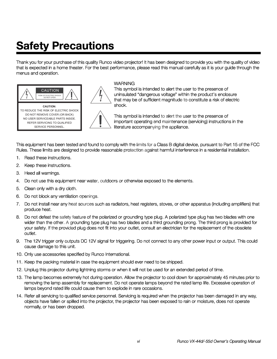 Runco VX-44D, VX-55D manual Safety Precautions 