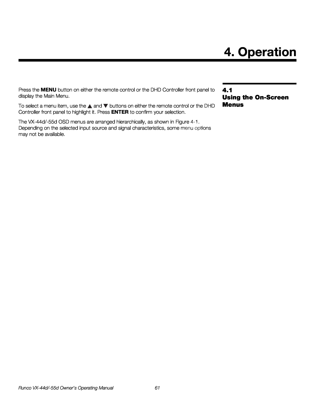 Runco VX-55D, VX-44D manual Operation, Using the On-Screen Menus 