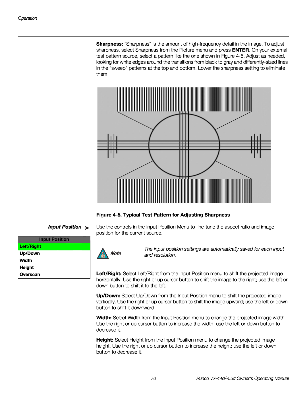 Runco VX-44D, VX-55D manual 5. Typical Test Pattern for Adjusting Sharpness, and resolution, Input Position 